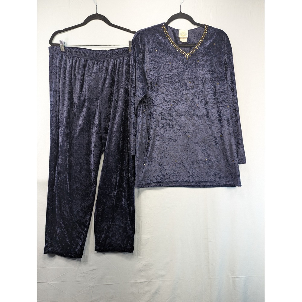 Bentley Women's Navy Blue Crushed Velour Embellished V-Neck Top‎ & Pants Set XL